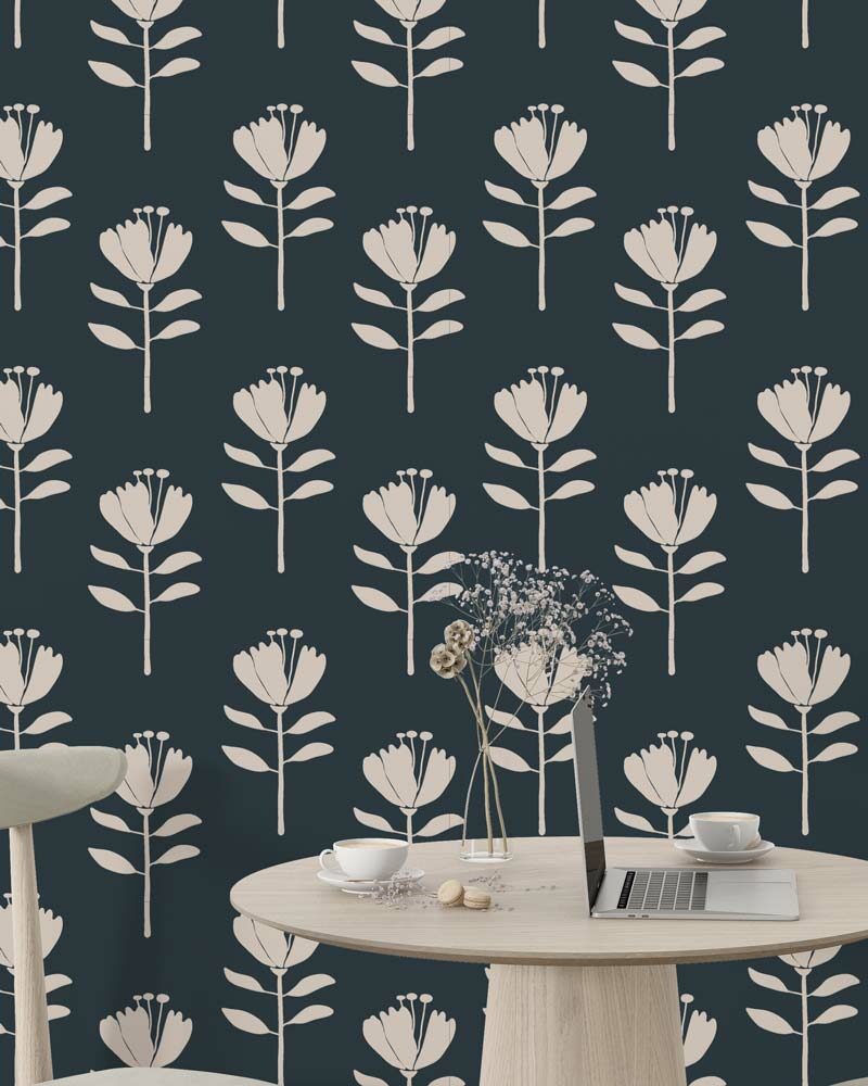 SUZANNE - Papier peint fleur noir et blanc café