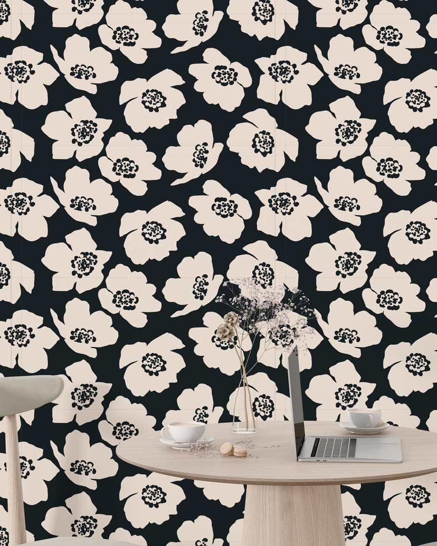 BASTIEN - papier peint floral noir et blanc restaurant