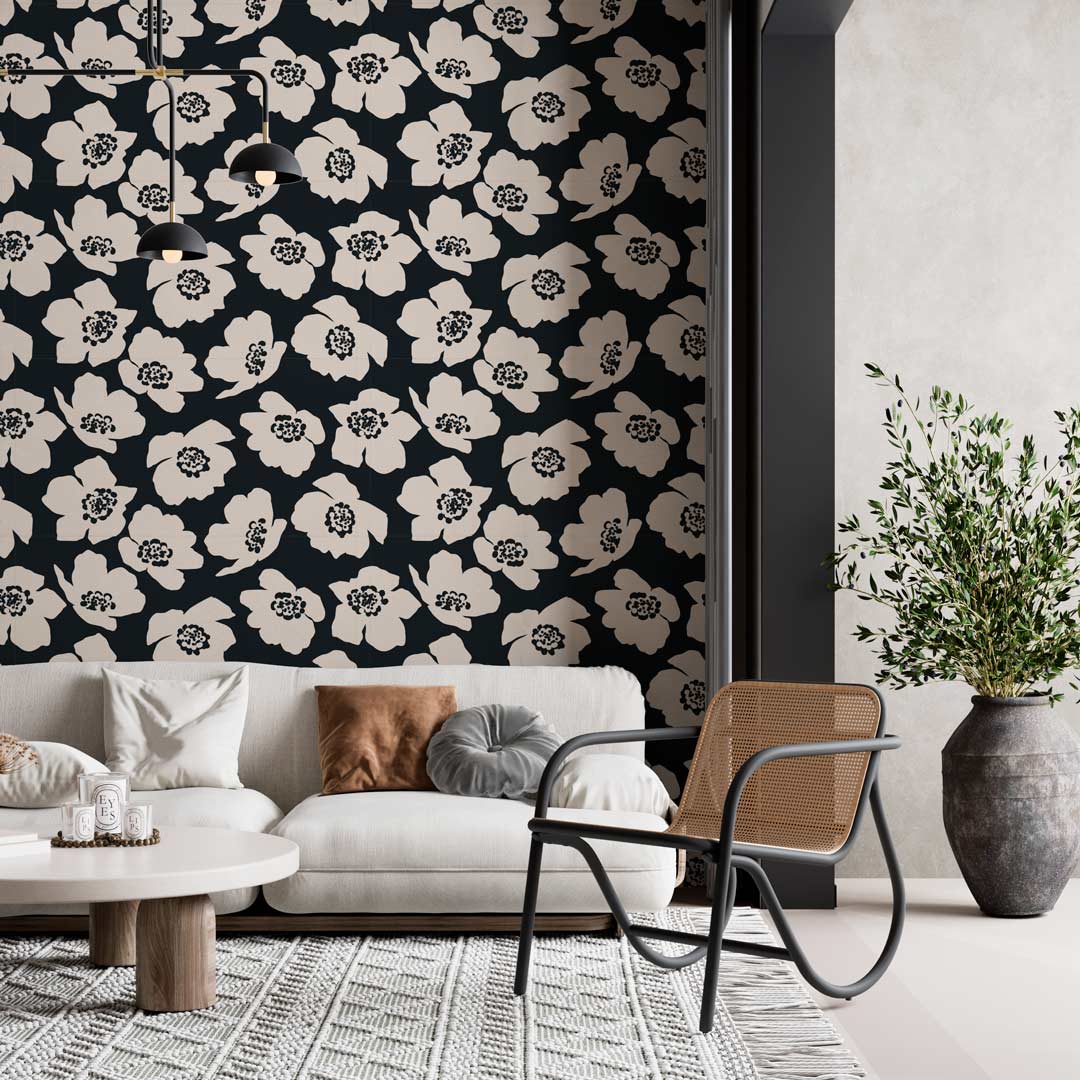 BASTIEN - papier peint floral noir et blanc salon