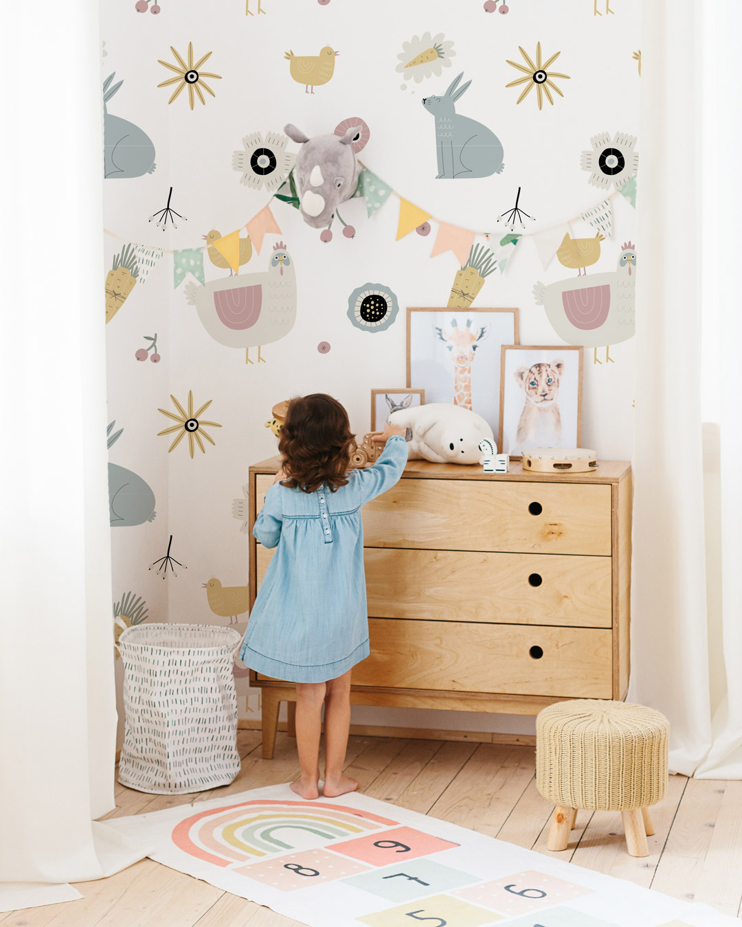 ELINE - papier peint poule et lapin bébé chambre fillette