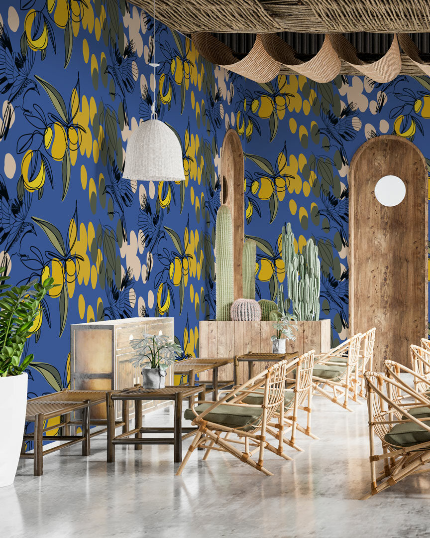 FLEURANGE - Papier peint abstrait citron et oiseau restaurant