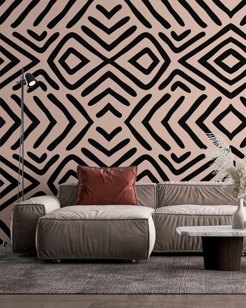 LÉA - papier peint panoramique géométrique noir et blanc salon