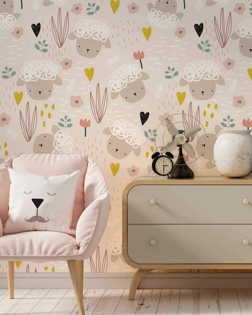 LILI - papier peint bébé mouton salle de jeux
