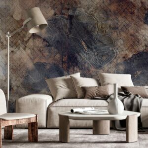 MARTINE - papier peint panoramique chevron fleuri bleu salon