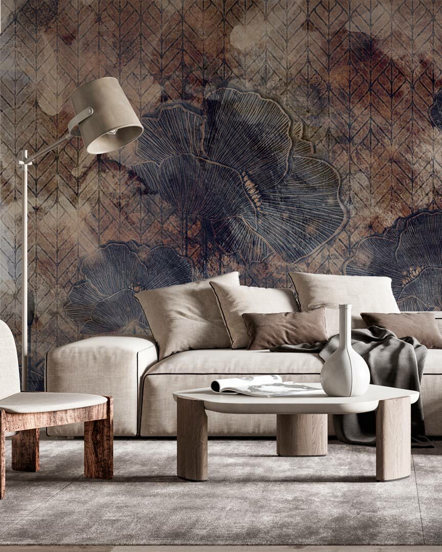 MARTINE - papier peint panoramique chevron fleuri bleu salon