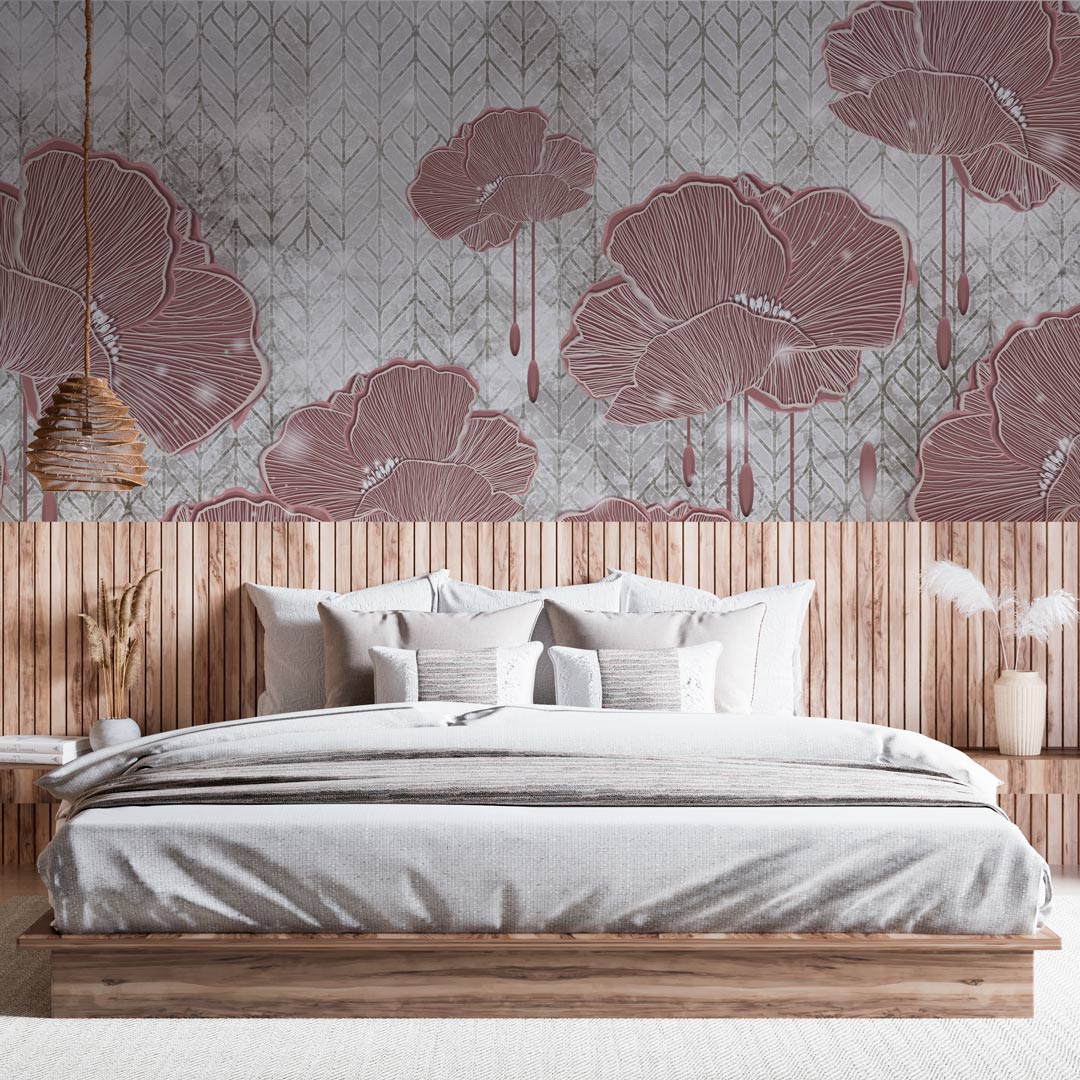 MARTINE - papier peint panoramique chevron fleuri rose chambre