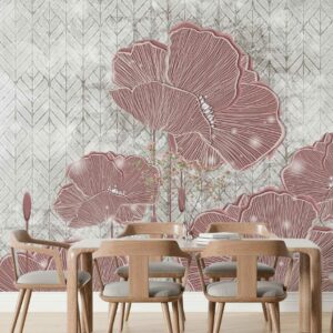 MARTINE - papier peint panoramique chevron fleuri rose salle à manger