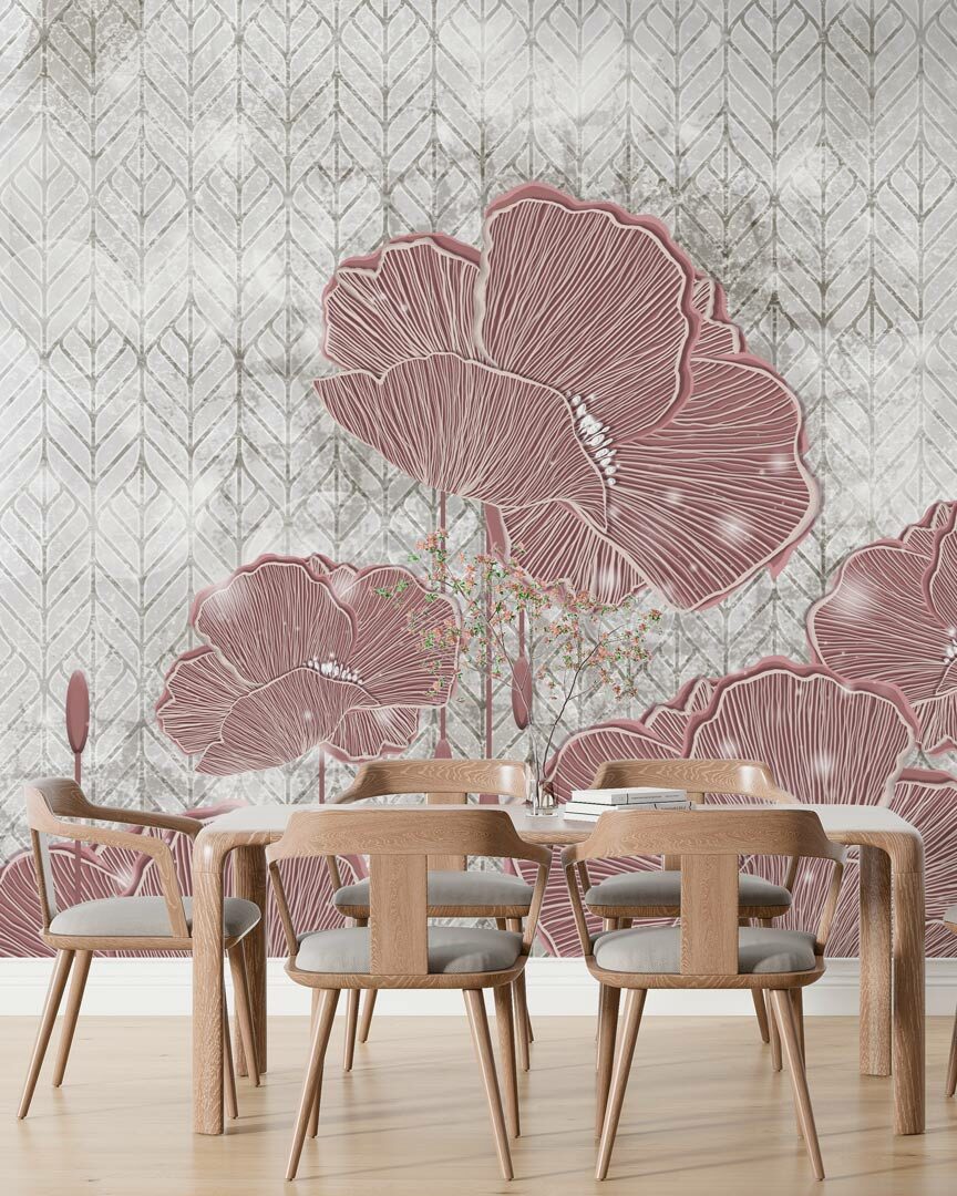 MARTINE - papier peint panoramique chevron fleuri rose salle à manger