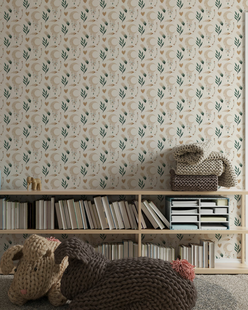 OMBELINE - Papier peint boho enfant bibliothèque