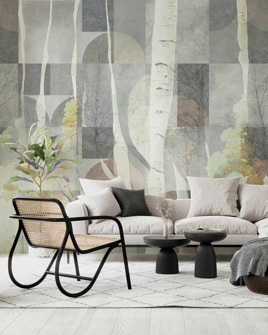 ALAIN - papier peint bouleau cubisme jaune salon