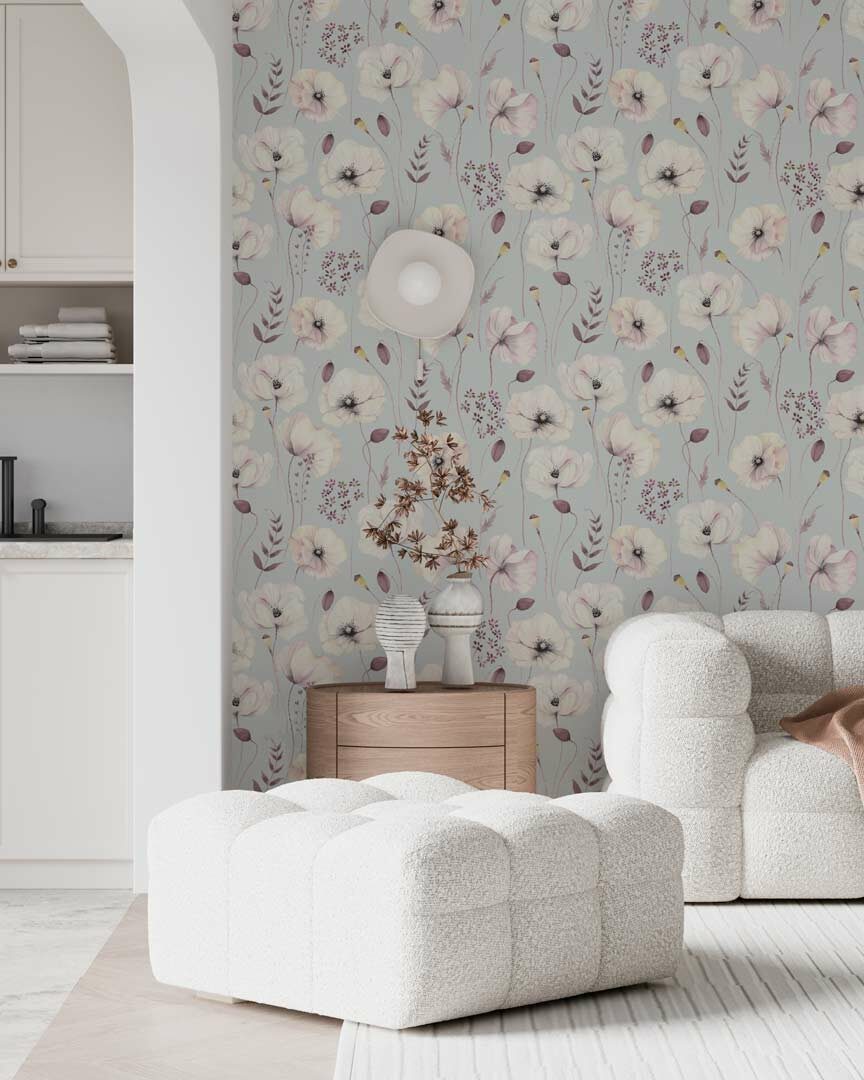 LEONORE - papier peint coquelicot bleu salon