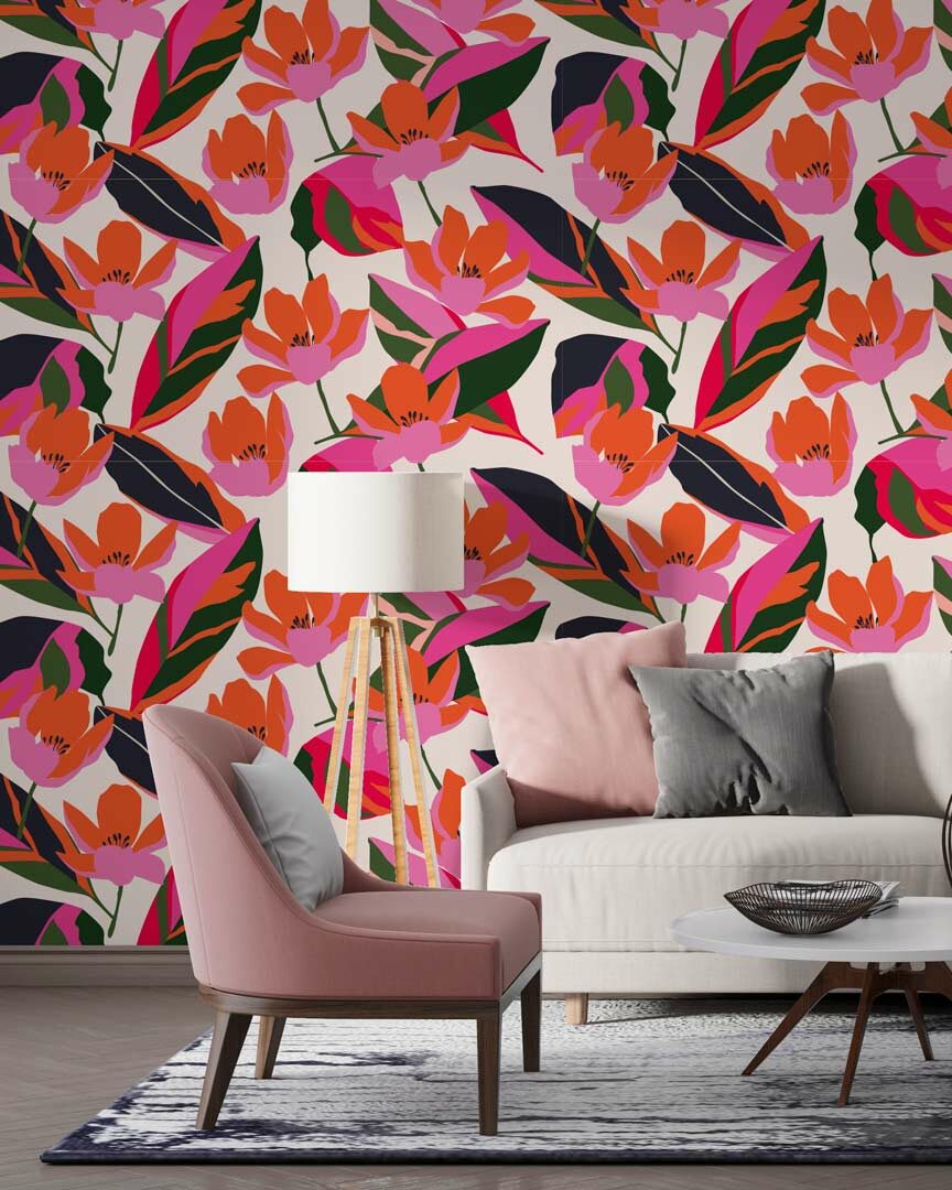 MATHILDE - papier peint fleuri pop salon