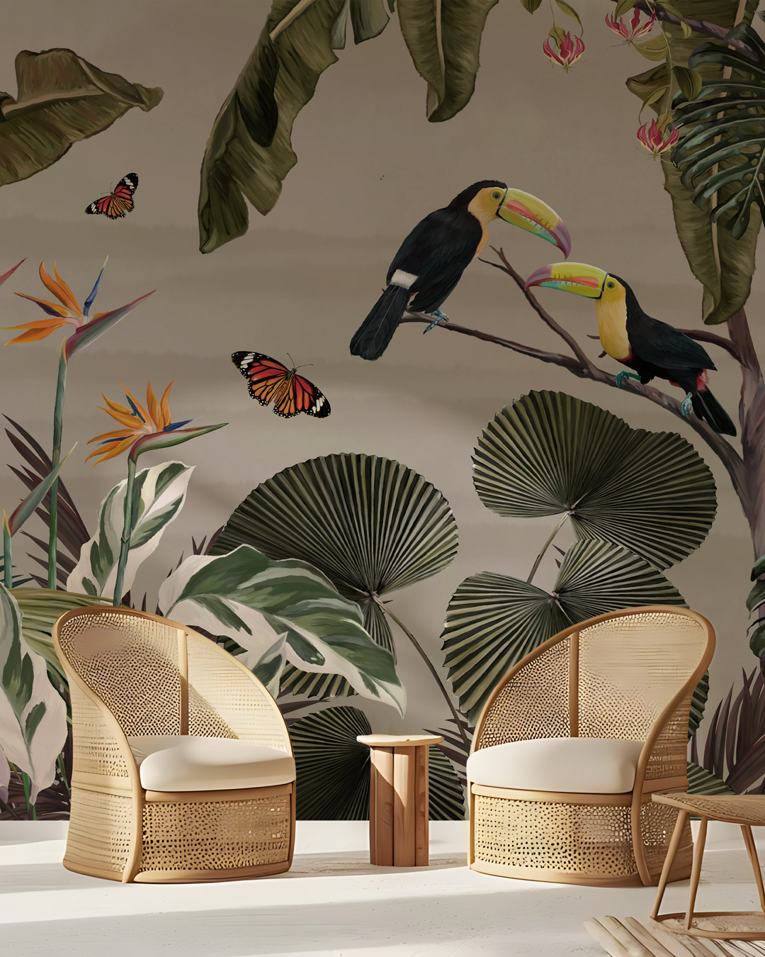 TANGUY - papier peint toucan tropical beige salon