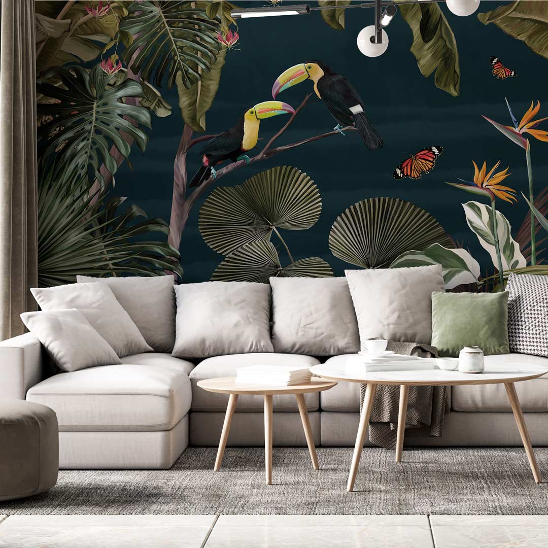 TANGUY - papier peint toucan tropical bleu salon