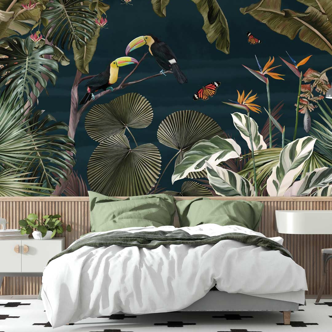 TANGUY - papier peint toucan tropical bleu chambre