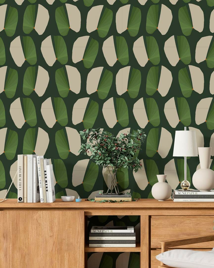 THÉODORE - papier peint feuillage tropical bibliothèque