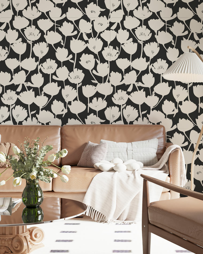 ELOUAN - Papier peint fleuri noir et blanc salon