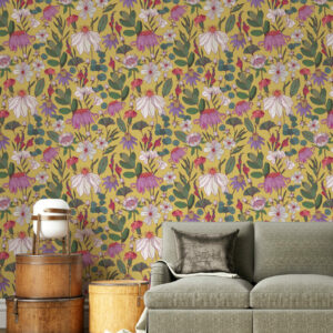 HERMINE - Papier peint fleurs vintage façon herbier salon