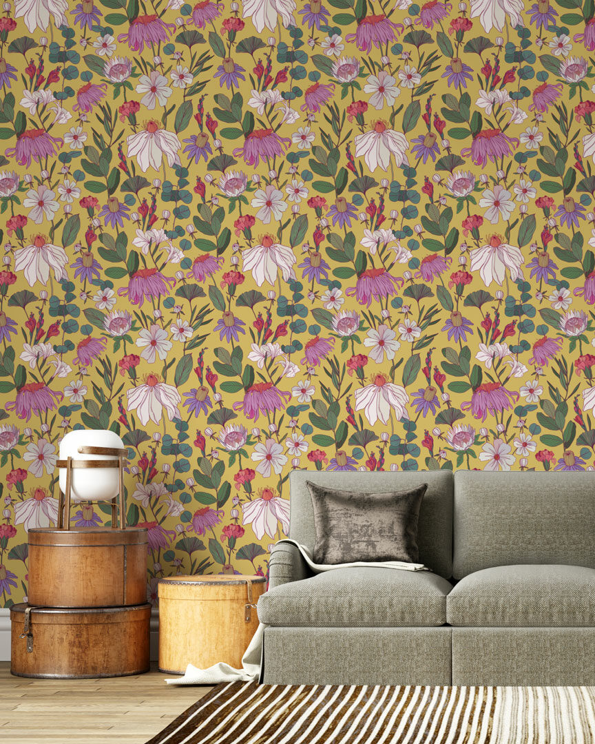 HERMINE - Papier peint fleurs vintage façon herbier salon