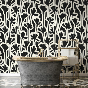 ADELIE - Papier peint imprimé fleur noir et blanc salle de bain