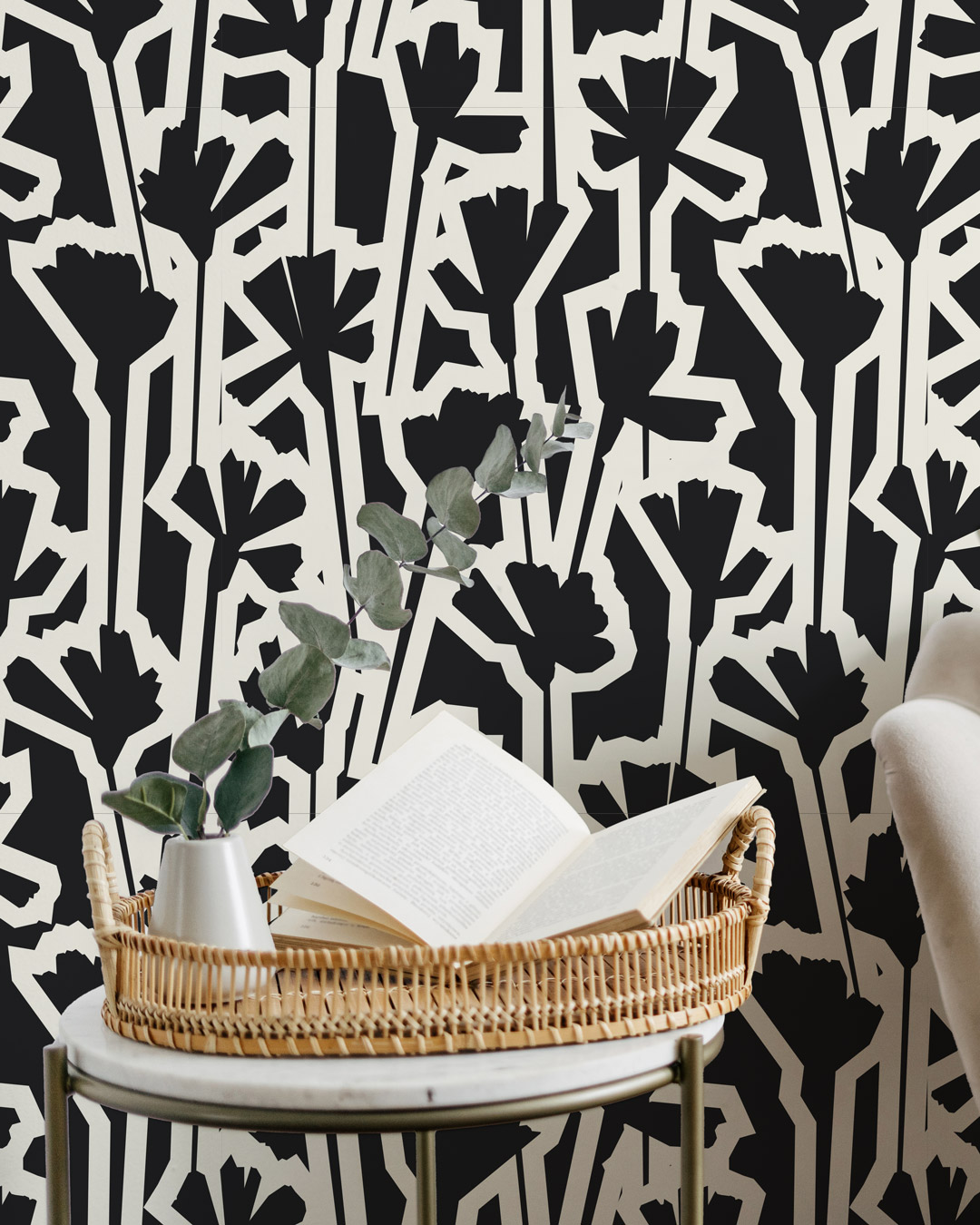 ADELIE - Papier peint imprimé fleur noir et blanc salon