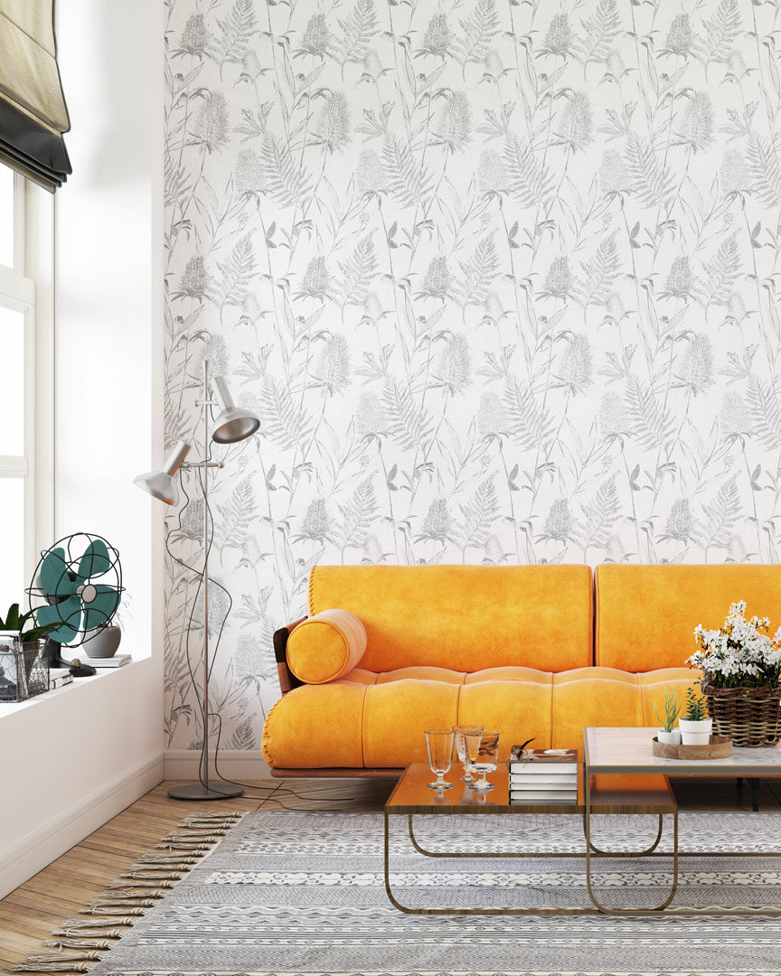 ANICET - Papier peint cyanotype feuille gris salon