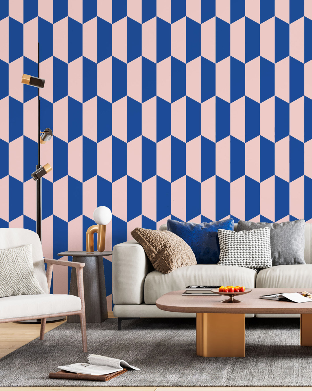 PRUNE - Papier peint hexagone bicolore salon