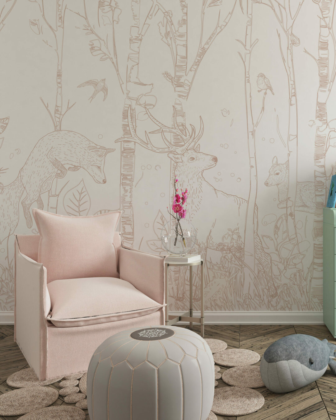 ANCELIN - Papier peint animaux de la foret enfant vieux rose chambre fillette