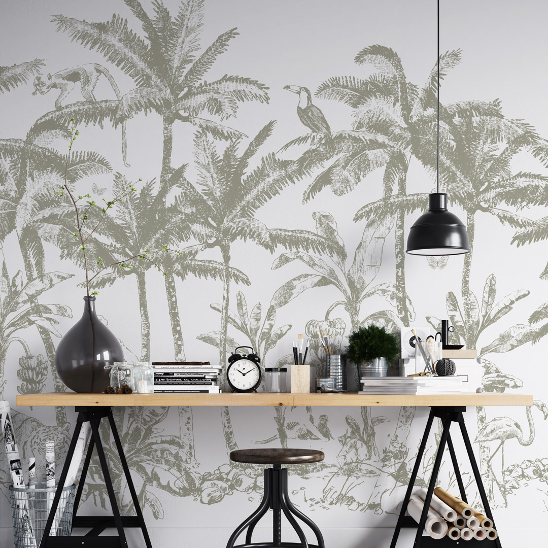 ESMEE - Papier peint palmier monochrome vert bureau