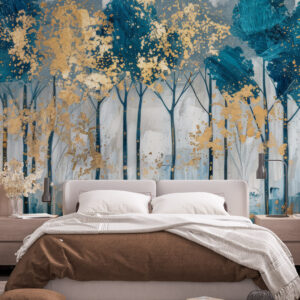 AURORE - Papier peint foret bleu et doré chambre