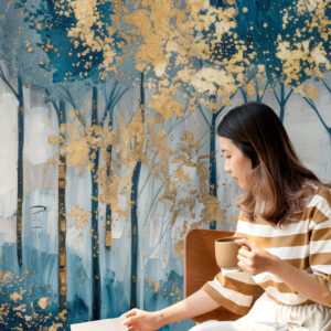 AURORE - Papier peint foret bleu et doré cuisine