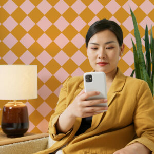 COLOMBINE - Papier peint arlequin orange bureau