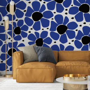 DARYA - Papier peint grosses fleurs bleu majorelle salon