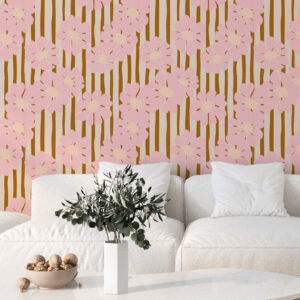 PIMPRENELLE - Papier peint fleuri rayé beige