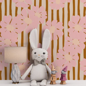 PIMPRENELLE - Papier peint fleuri rayé beige chambre fille