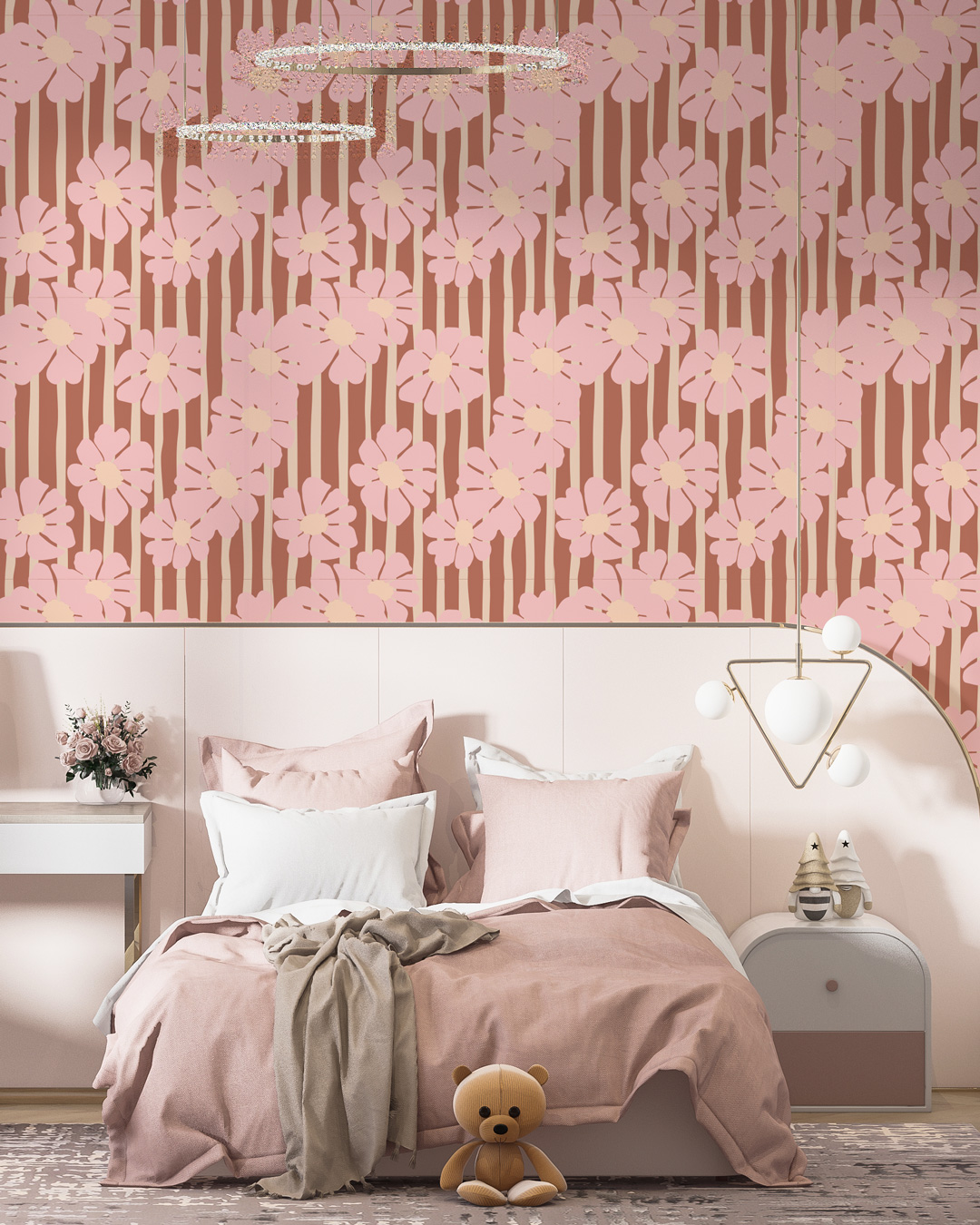 PIMPRENELLE - Papier peint fleuri rayé rose chambre fille