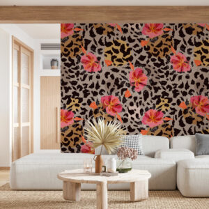 CAMELIA - Papier peint leopard fleuri rose salon