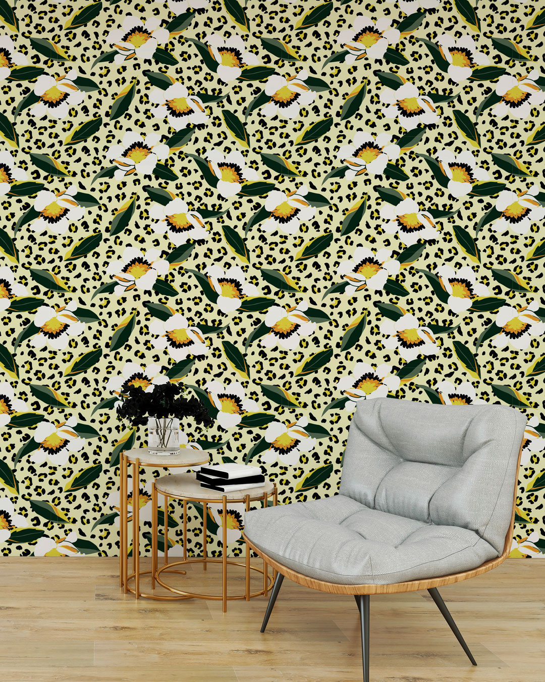 CAPUCINE - papier peint fleuri print léopard jaune coin lecture