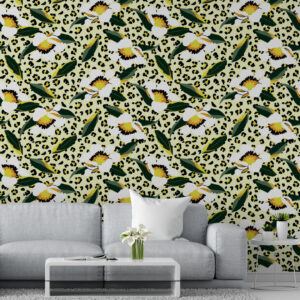 CAPUCINE - papier peint fleuri print léopard jaune salon