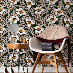 CAPUCINE - papier peint fleuri print léopard marron coiffeuse