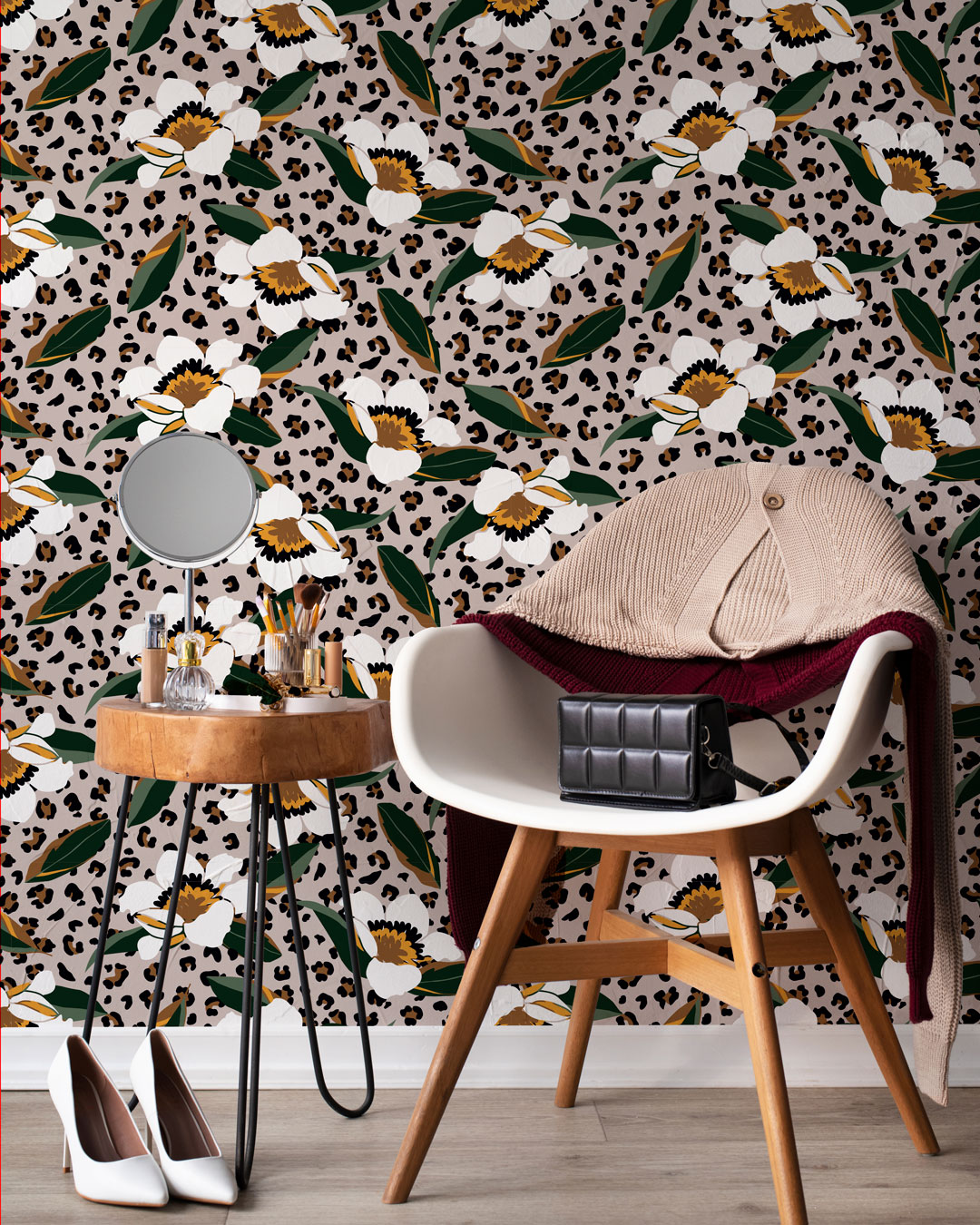 CAPUCINE - papier peint fleuri print léopard marron coiffeuse