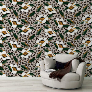 CAPUCINE - papier peint fleuri print léopard marron coin détente