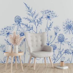 DOUNIA - fresque murale fleurs bleu coin détente