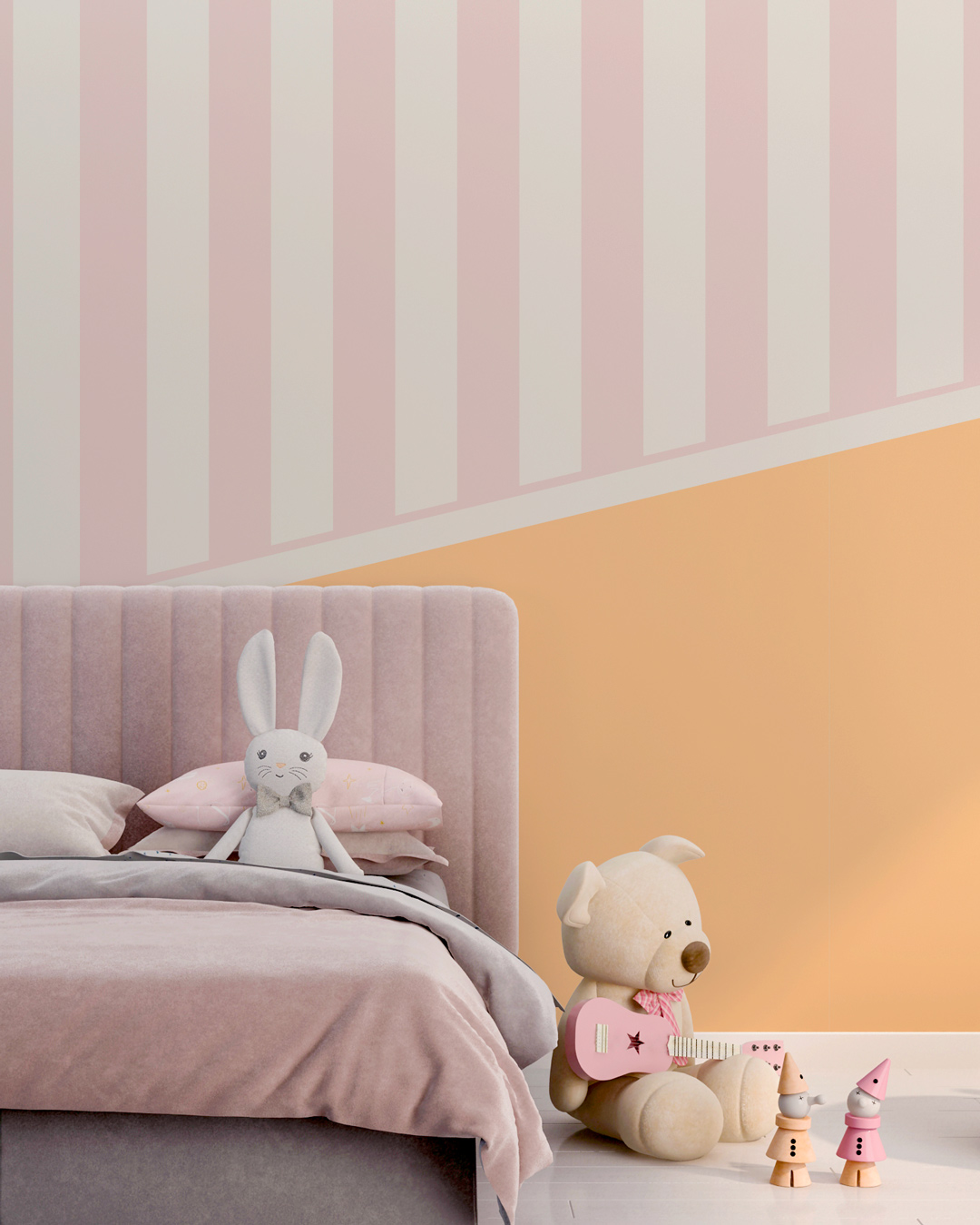 GIOVANNI - Papier peint panoramique soubassement et rayures rose orangé chambre petite fille