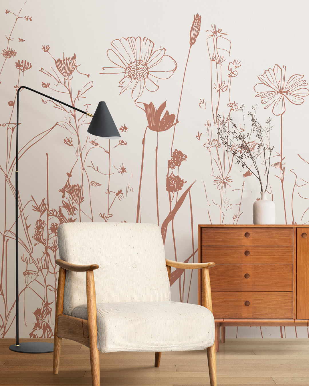 LOUISA - Papier peint fleur des champs terracotta coin lecture