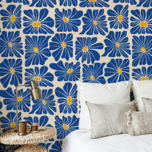 MARTHA - Papier peint fleurs hippie bleu chambre