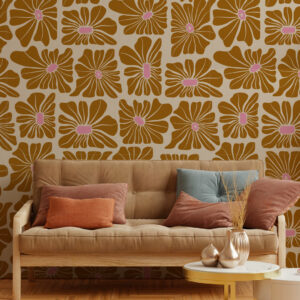 MARTHA - Papier peint fleurs hippie marron salon télé