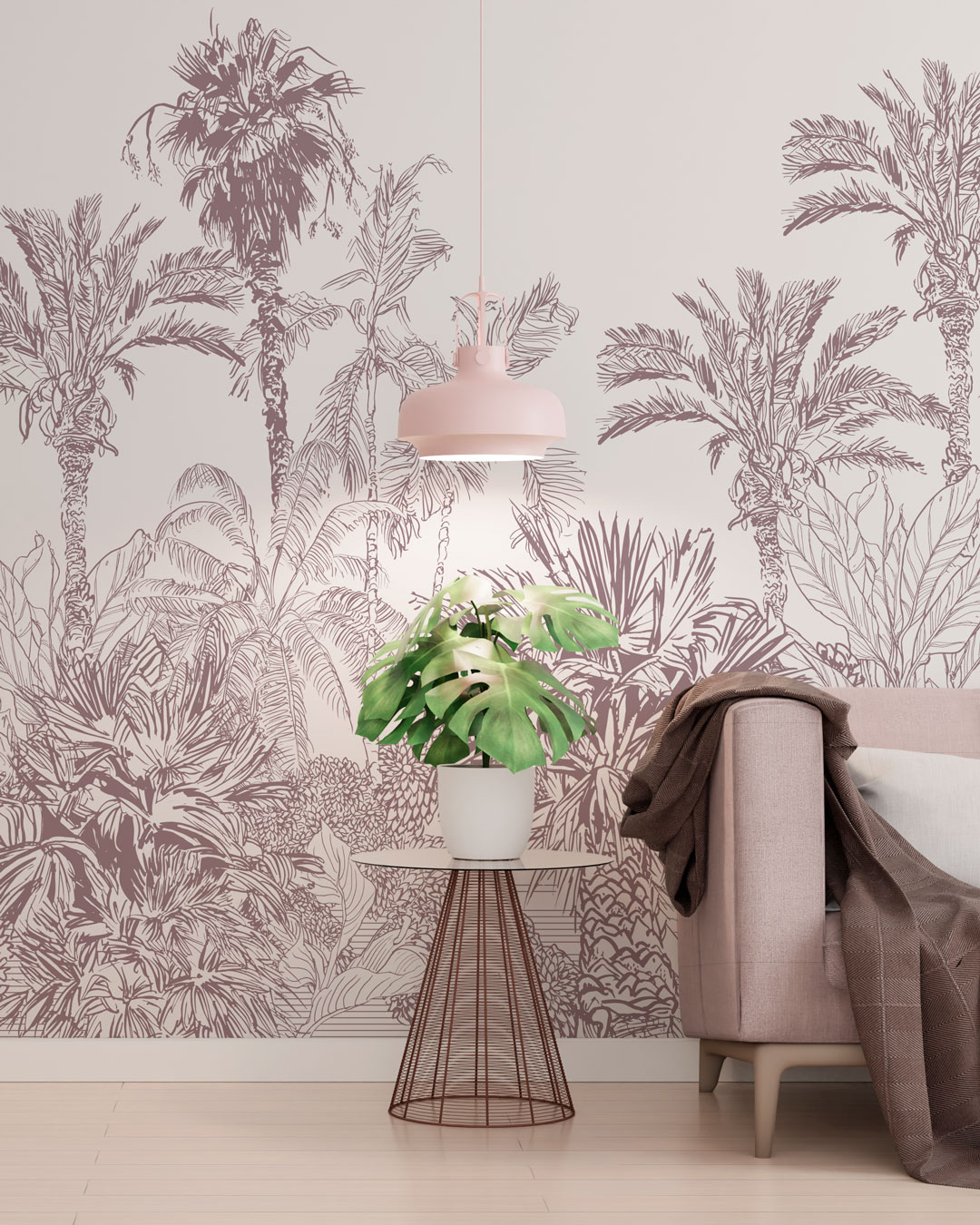 NORA - papier peint palmier vieux rose salon