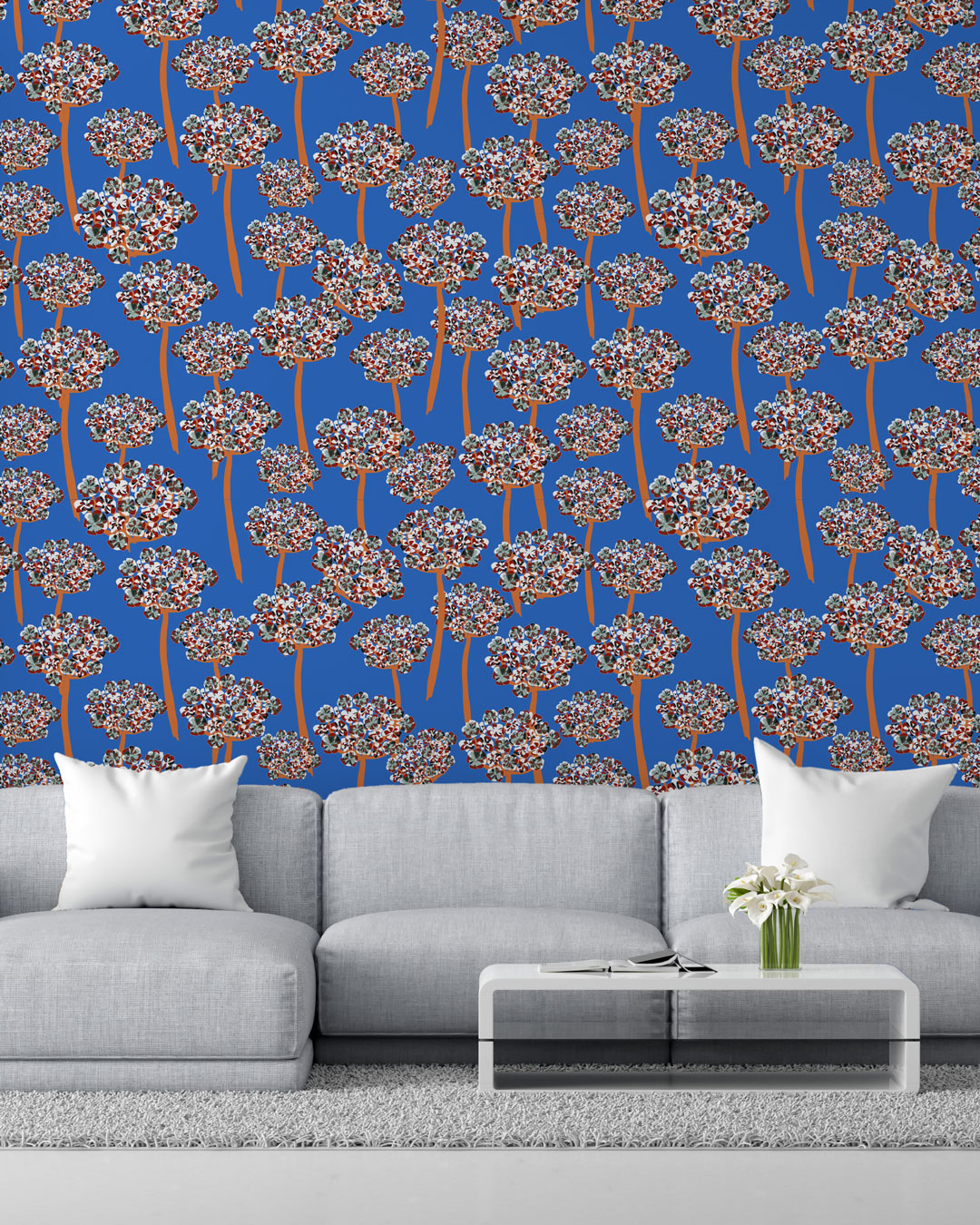 ANASTASIA - Papier peint fenouil bleu salon