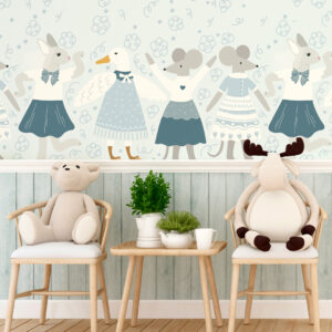 ANNIE - papier peint farandole animaux de la ferme bleu chambre